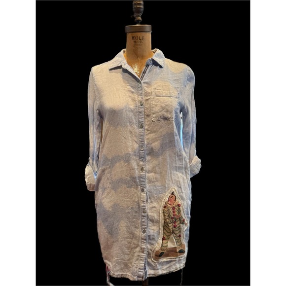 Upcycled Linen Shirt Dress Clown Patch Butterfly Back Small - Picture 3 of 10